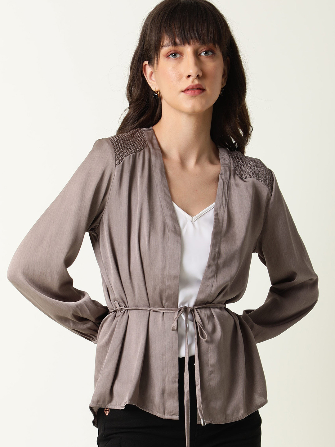 RAREISM Women Beige Plain Regular Fit Full Sleeve Collarless Outer Wear