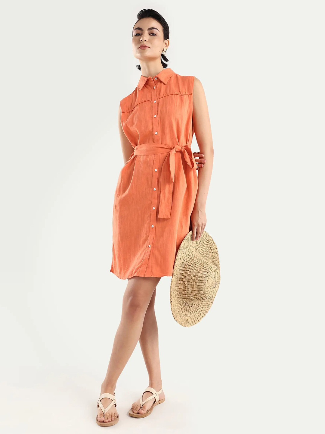 RAREISM Women Orange Regular Fit Spread Collar Dress