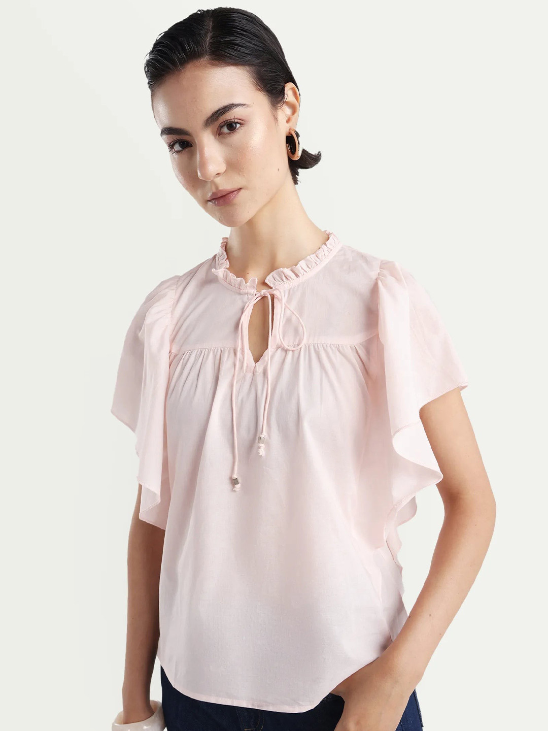 RAREISM Baby Pink Tie-Up Flutter Sleeves Neck Top