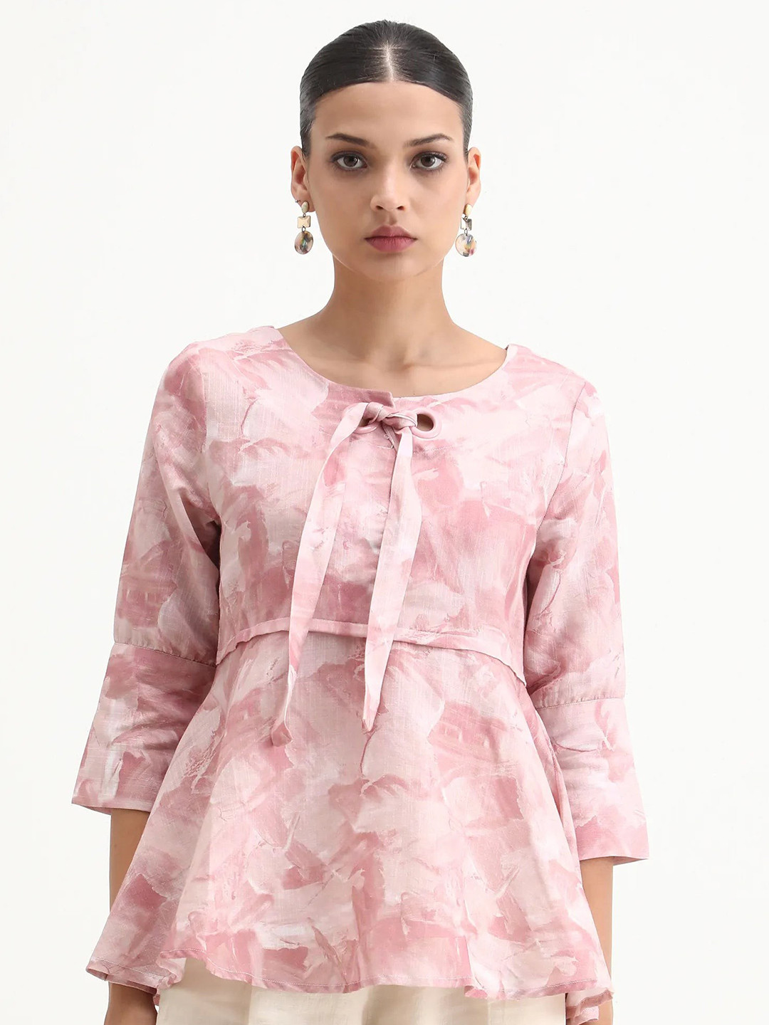 RAREISM Pink Floral Print Tie-Up Neck Top