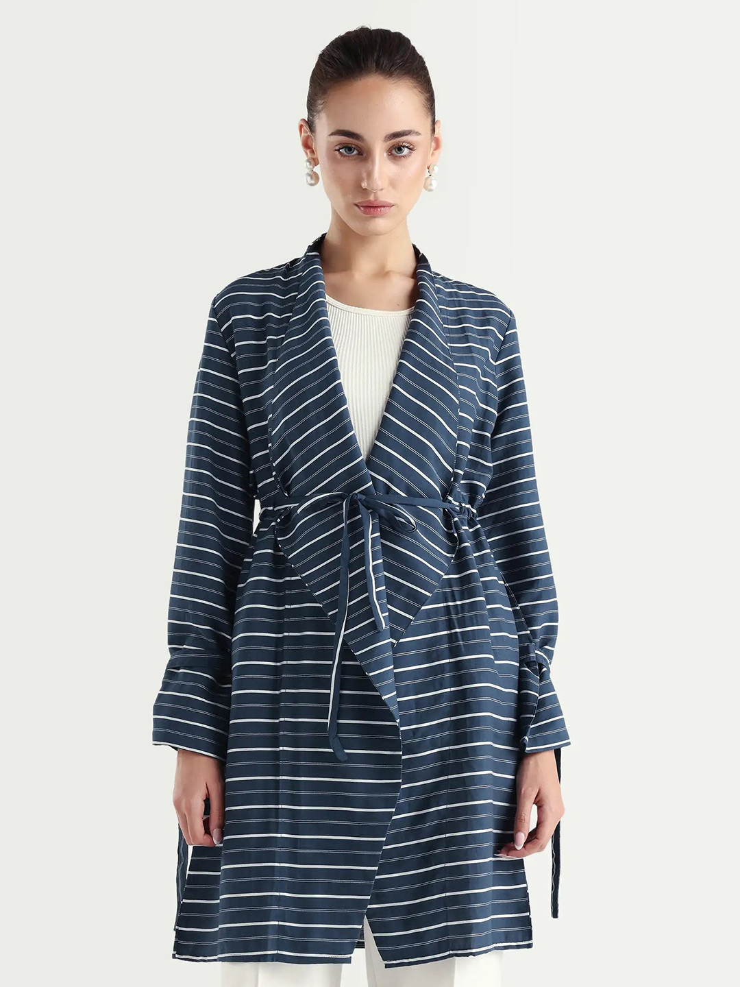 RAREISM Women Navy Striped Relaxed Fit Full Sleeve Waterfall Neck Outer Wear