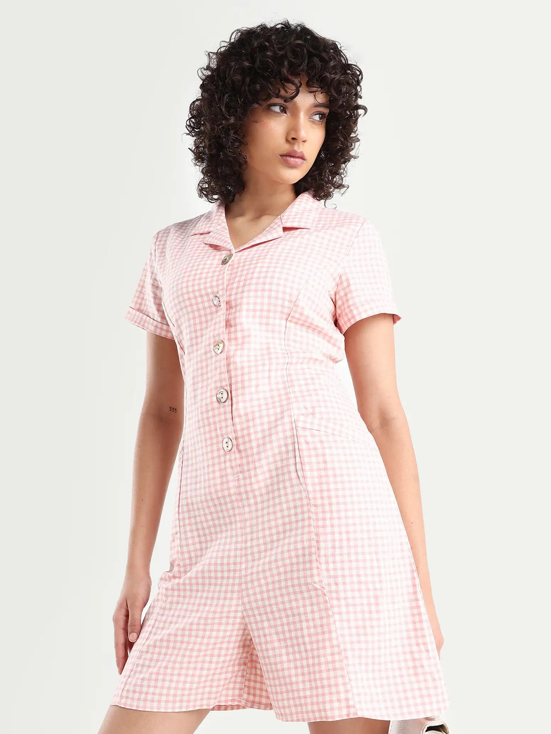 RAREISM Women Peach Checkedprint Regular Fit Sleeveless Lapel Neck Playsuit