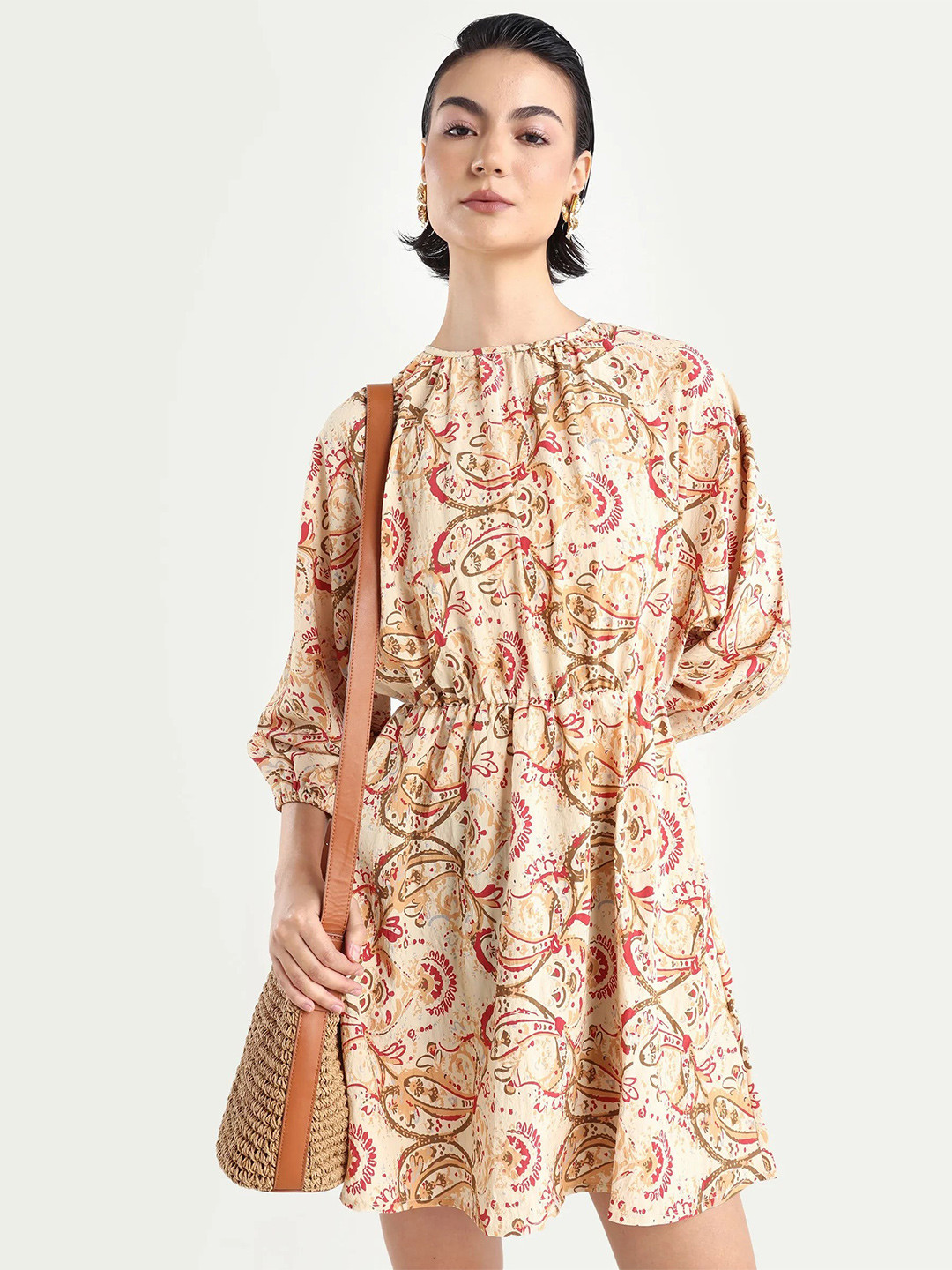 

RAREISM Women Multi Fit And Flare Fit Regular Sleeve Crew Neck Dress, Cream
