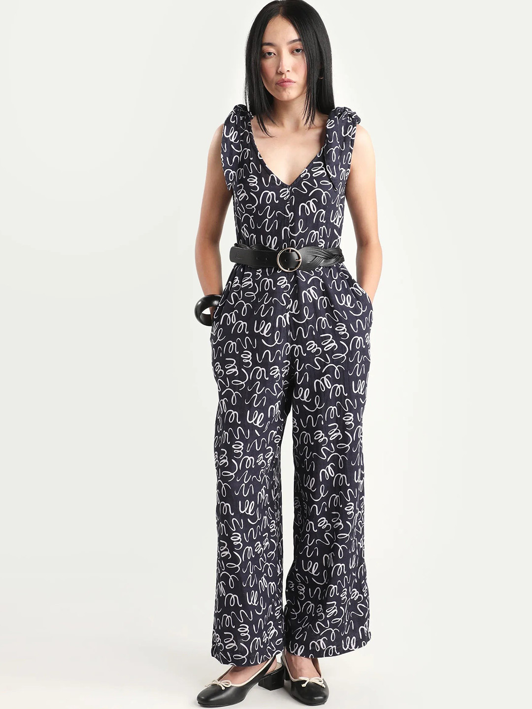 RAREISM Women Black Abstract Print Tailored Fit Full Sleeve V-Neck Jumpsuit