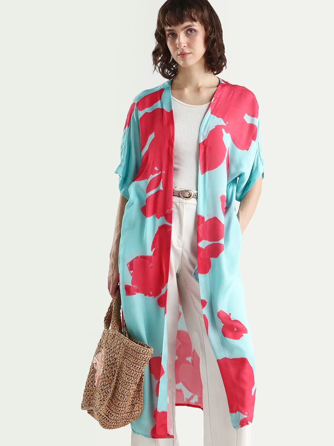 RAREISM Women Turq Floral Print Relaxed Fit 3/4Th Sleeve Collarless Outer Wear