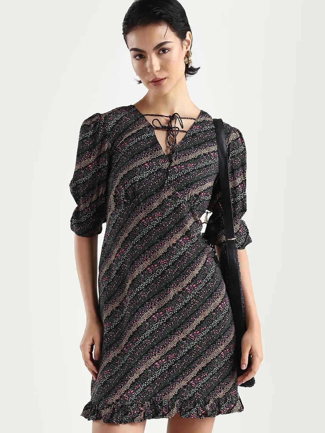 RAREISM Women Black Fit Regular Sleeve V-Neck Dress