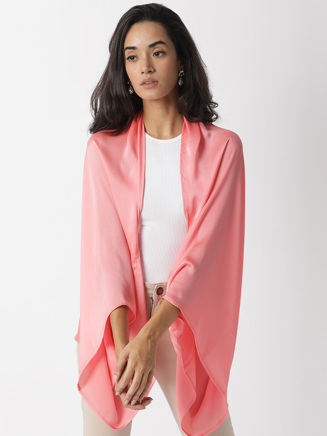 RAREISM Women Peach Plain Relaxed Fit Full Sleeve Collarless Outer Wear