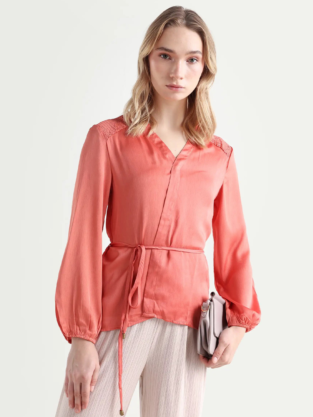 RAREISM Women Orange Plain Regular Fit Full Sleeve Collarless Outer Wear