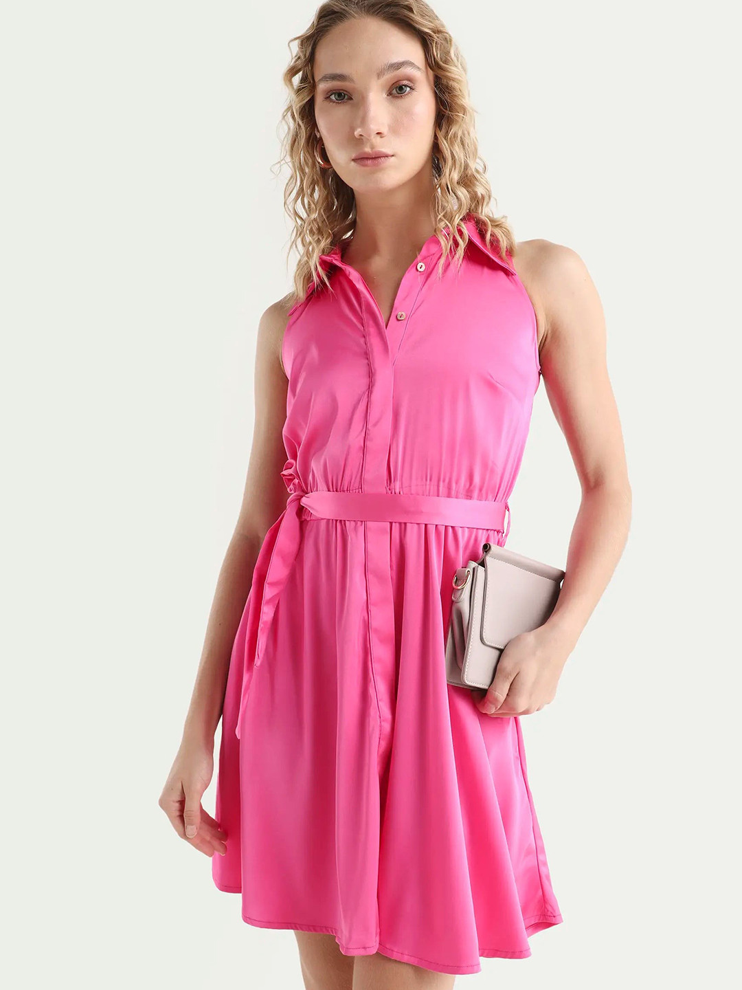 RAREISM Women Pink Regular Fit Sleeveless Halter Neck Dress