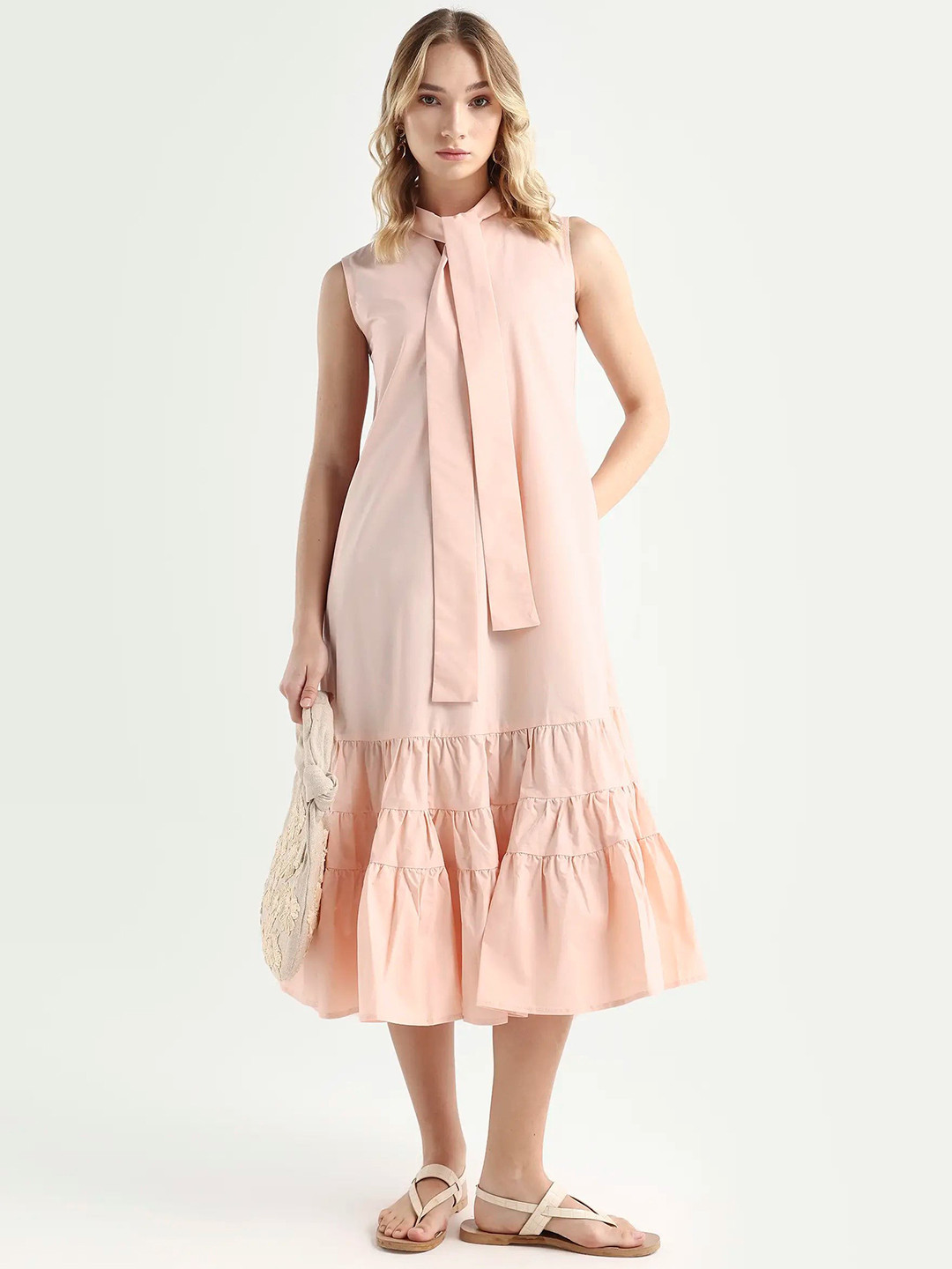 RAREISM Women Peach Regular Fit Tie-Up Neck Dress
