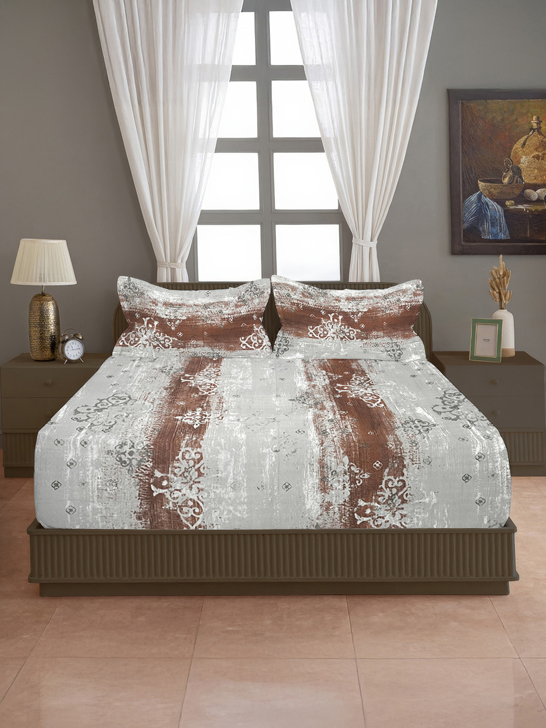 SWAYAM Brown Abstract Pure Cotton Breathable 160 TC King Bedsheet with 2 Pillow Covers-13 x 12 inches