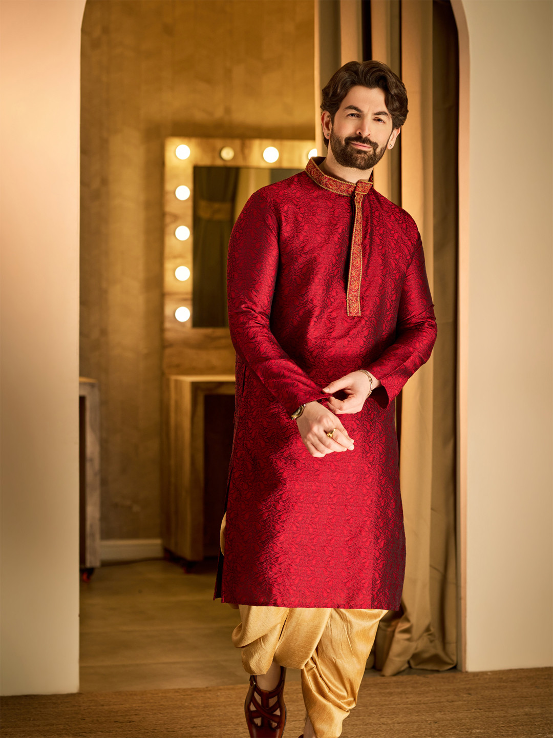 SOJANYA Men Maroon & Gold-Toned Self Design Kurta with Dhoti Pants
