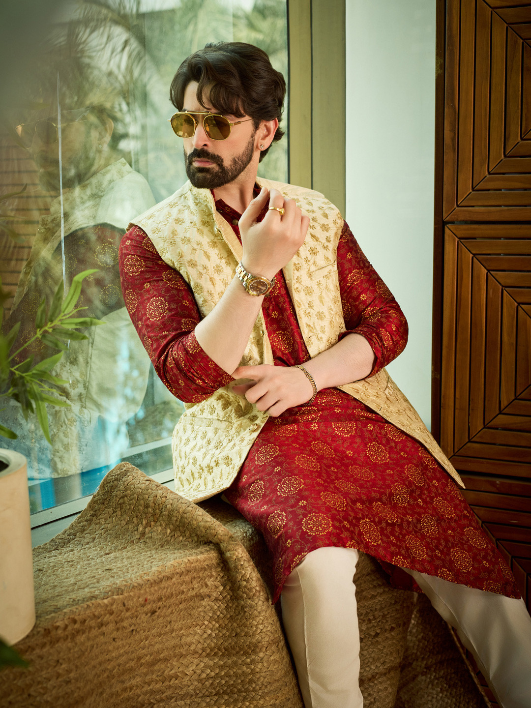 SOJANYA Ethnic Motifs Printed Regular Kurta With Churidar & With Nehru Jacket