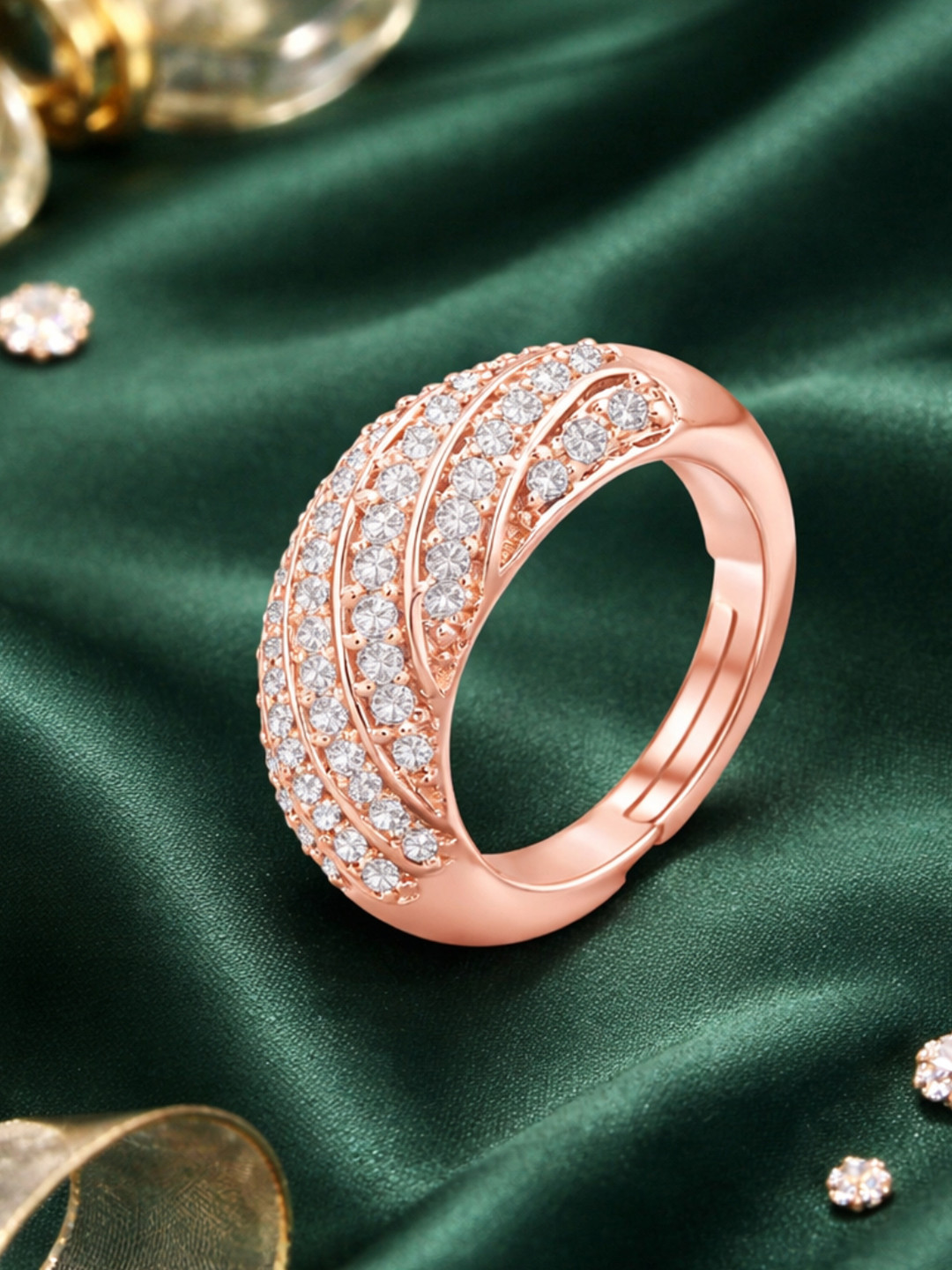 I Jewels White Rose Gold-Plated AD Studded Adjustable Finger Ring