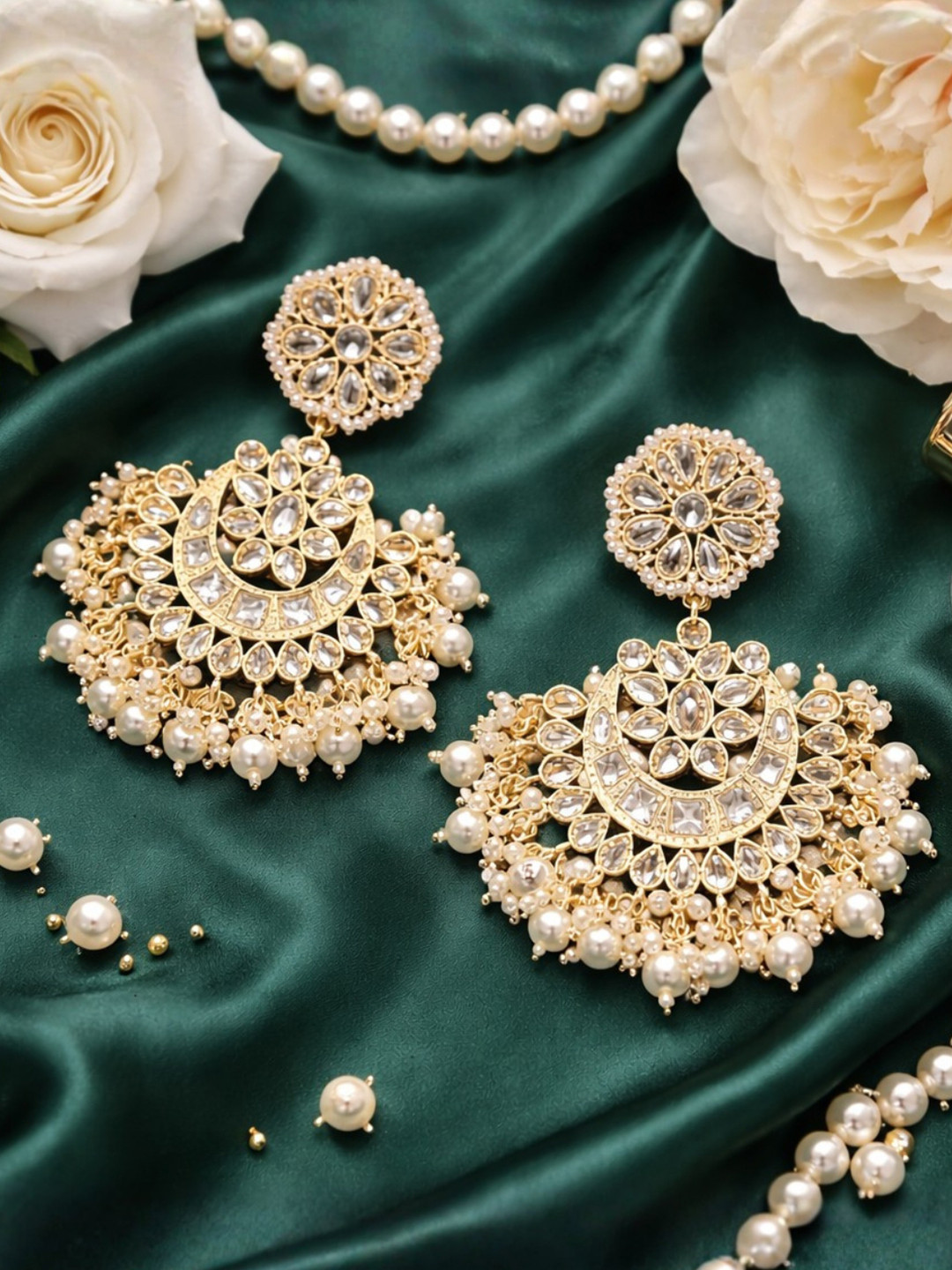 I Jewels Gold-Toned & White Gold Plated Kundan & Stone Studded Chandbali