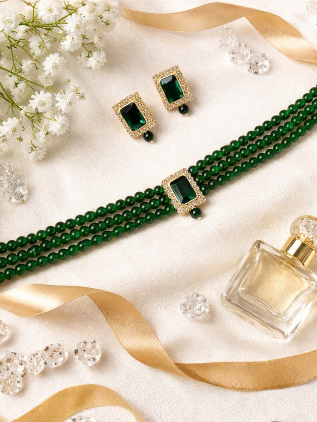 I Jewels Gold-Plated Green & White Beaded & Stone-Studded Choker Set