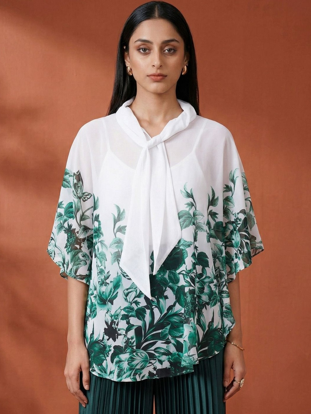 First Resort by Ramola Bachchan Women Green & White Floral Print Tie-Up Neck Georgette Top