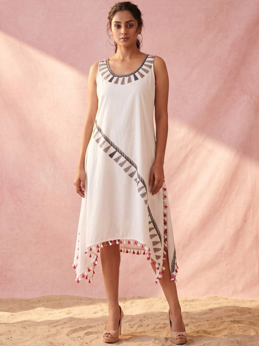 First Resort by Ramola Bachchan White & Grey Fringed Printed A-Line Cotton Dress