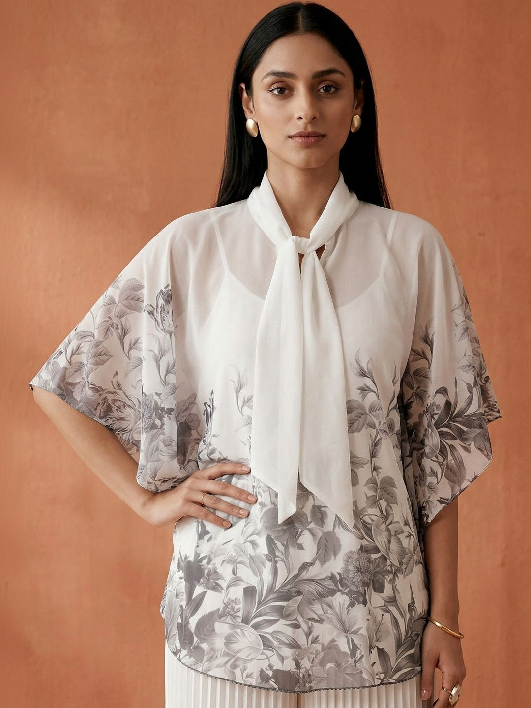 First Resort by Ramola Bachchan Women Grey Floral Print Tie-Up Neck Georgette Longline Top