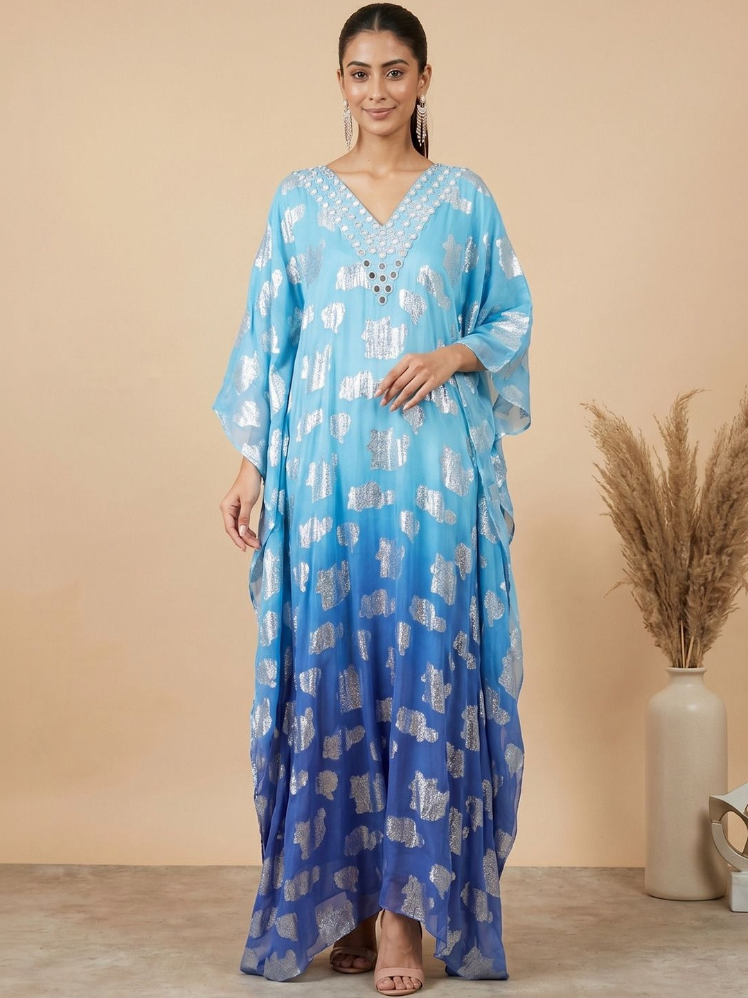 First Resort by Ramola Bachchan Abstract Printed Kimono Sleeve Georgette Kaftan Maxi Dress
