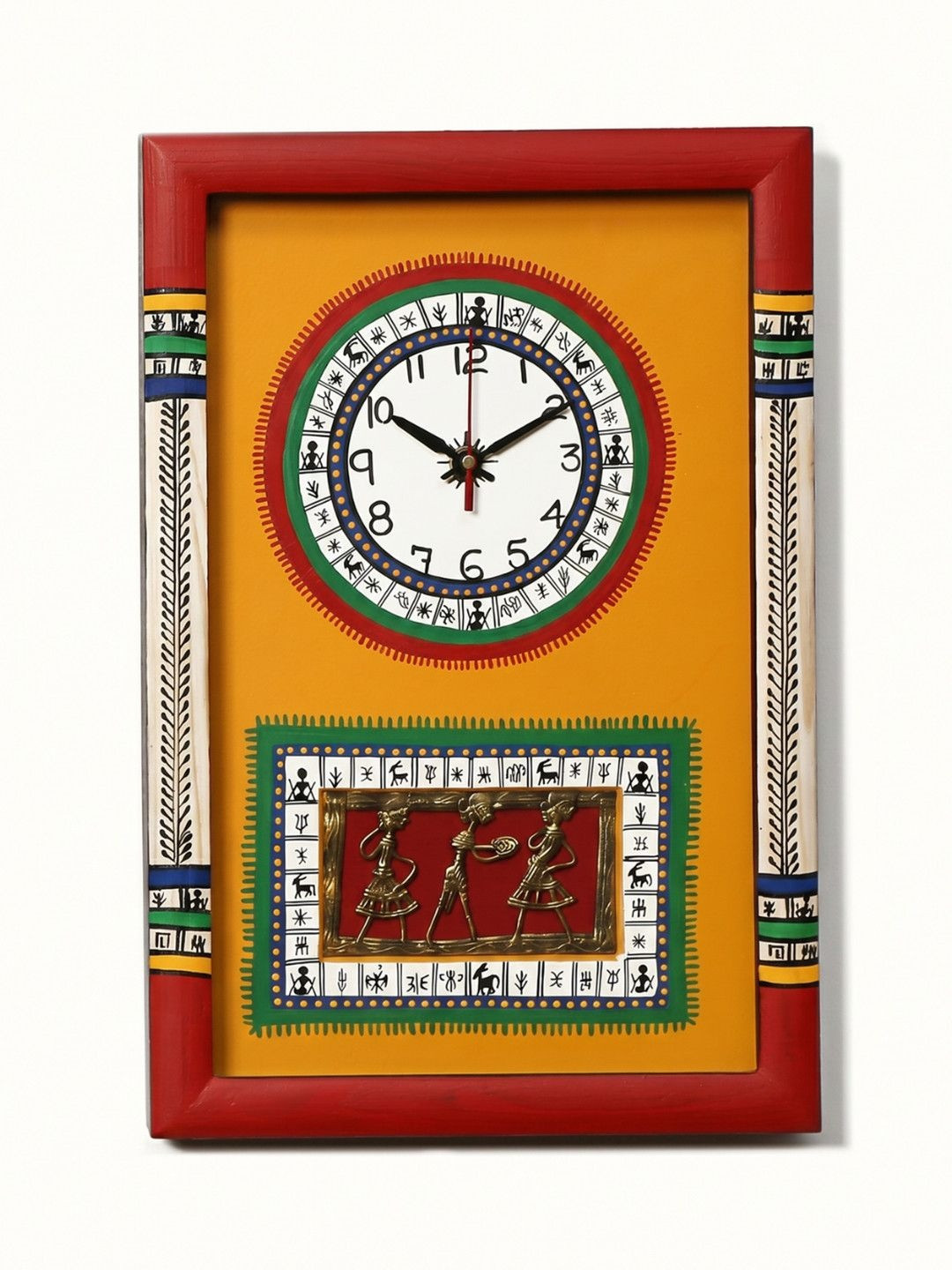 AAKRITI ART CREATIONS Red & Yellow Warli Art Printed Rectangle Wood Analogue Wall Clock