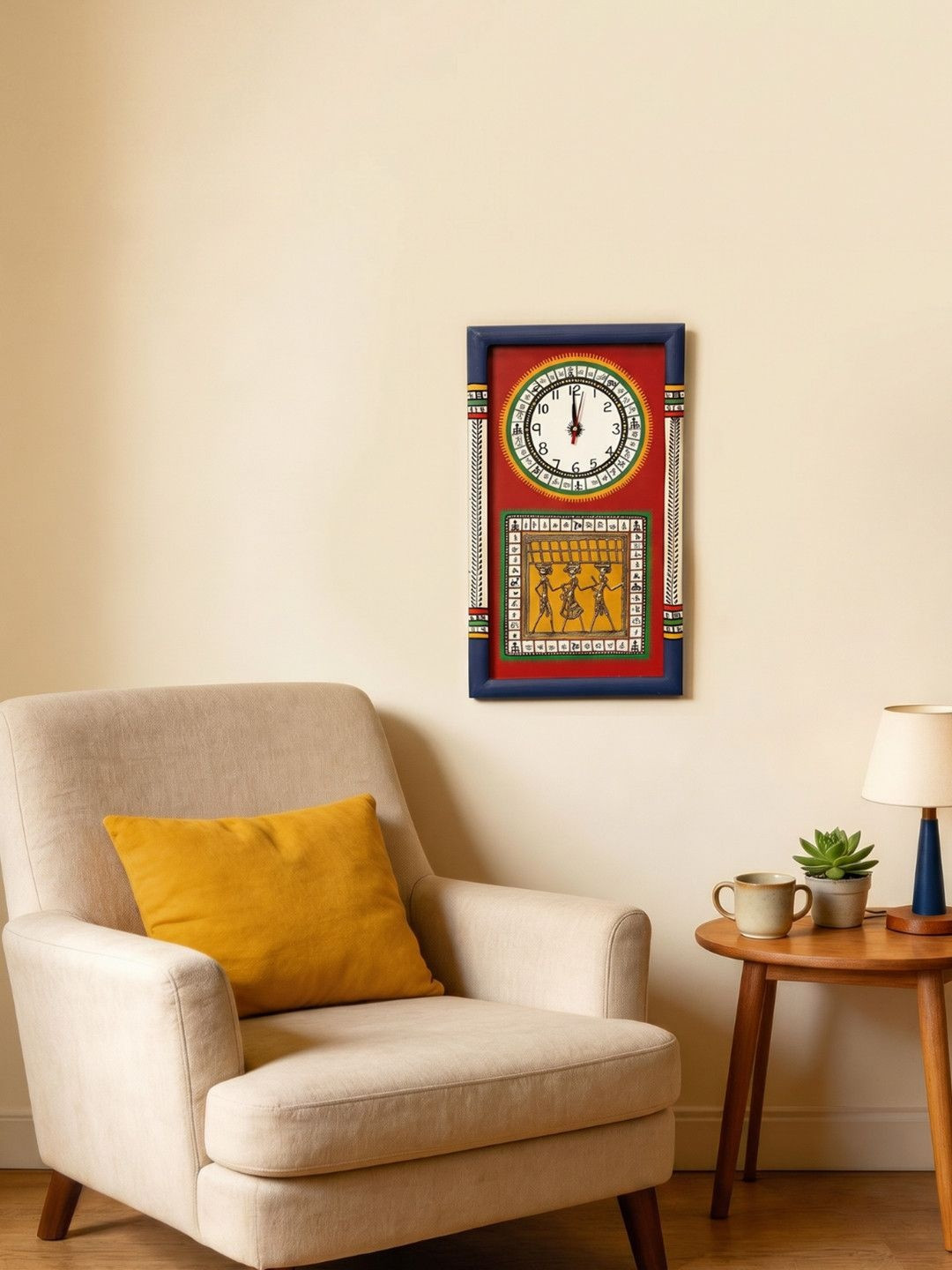 AAKRITI ART CREATIONS Blue & Red Warli Art Printed Rectangle Analogue Wall Clock