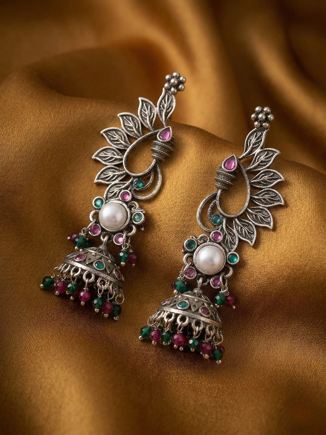 Adwitiya Collection Silver-Plated Oxidised Classic Jhumkas Earrings