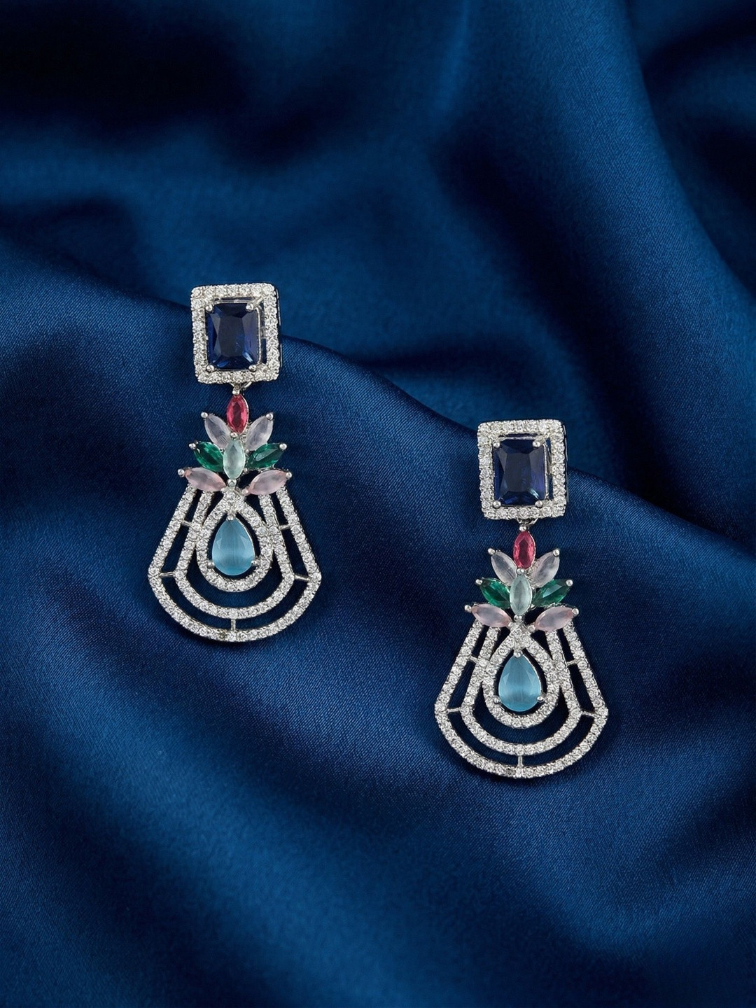 Adwitiya Collection White & Blue Rhodium-Plated Stone-Studded Classic Drop Earrings