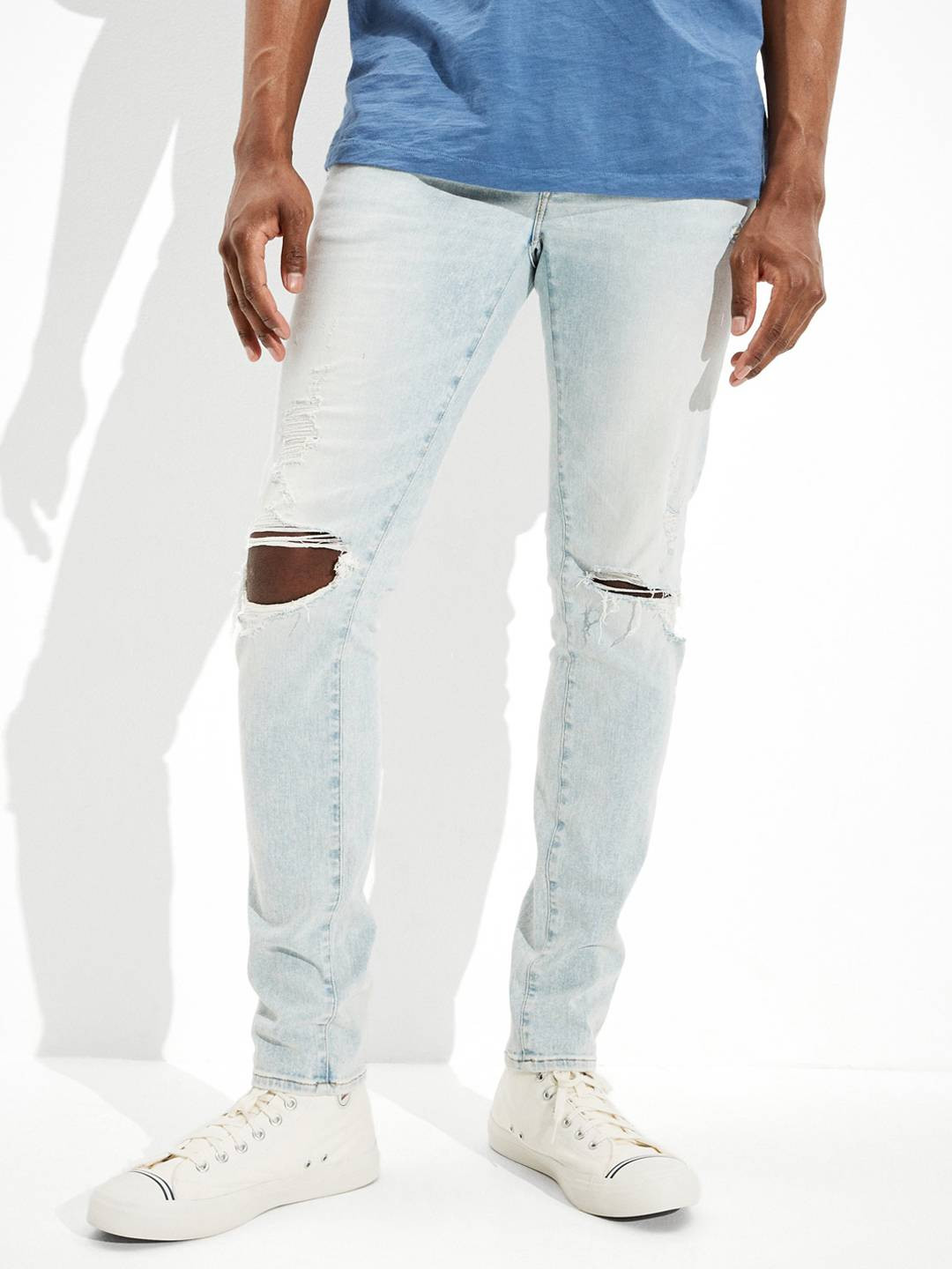 American Eagle Men Blue AirFlex+ Ripped Skinny Jeans