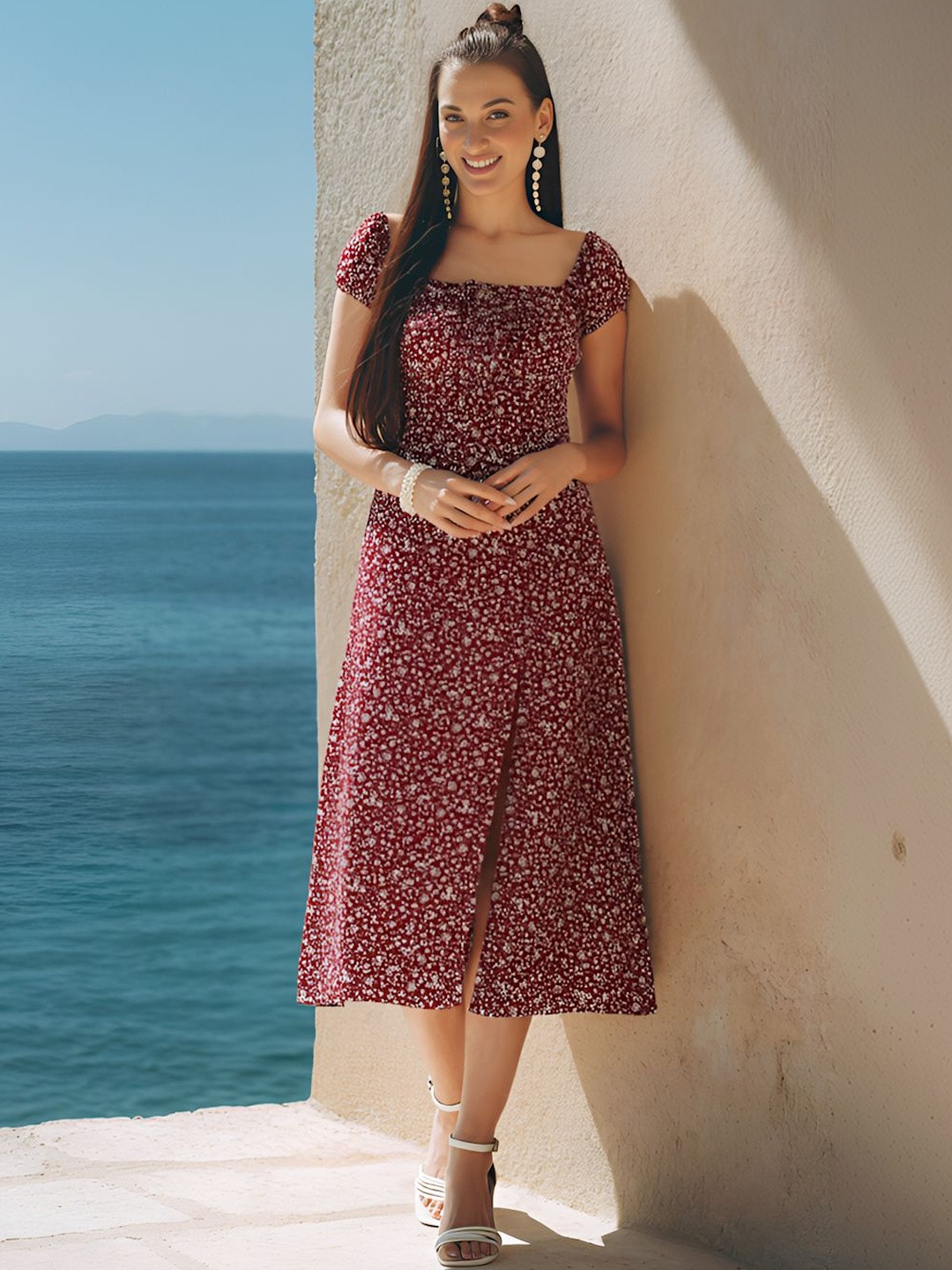 aayu Floral Printed Crepe Square Neck Puff Sleeves A-Line Midi Dress