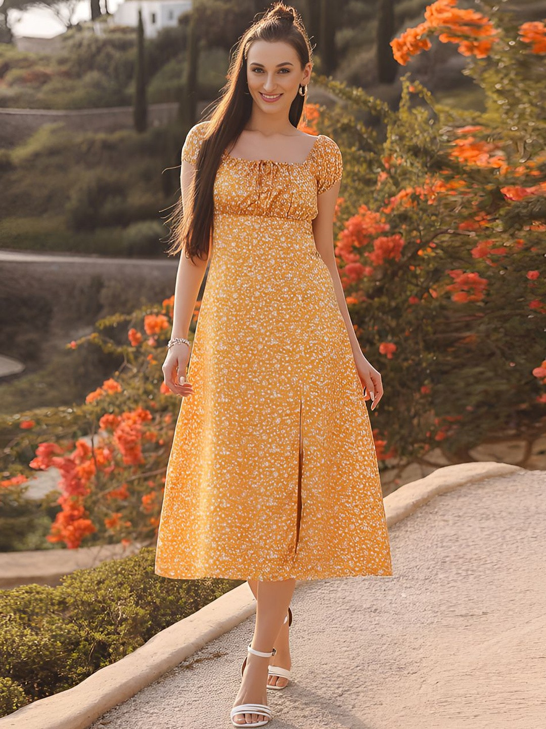 aayu Floral Printed Tie-Up Neck Gathered Front Slit Empire Midi Dress