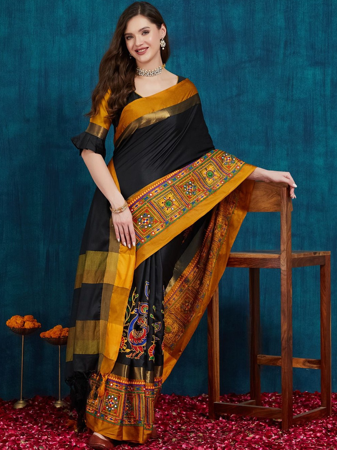 SERONA FABRICS Black & Green Embellished Embroidered Silk Cotton Saree With Blouse Piece