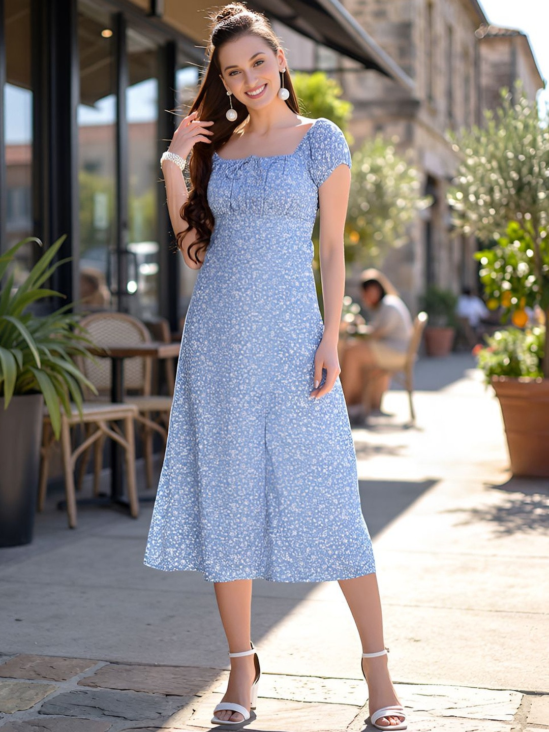 aayu Floral Printed Square Neck A-Line Midi Dress