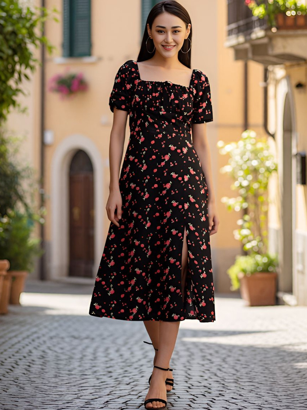 aayu Floral Printed Gathered Fit & Flare Midi Dress