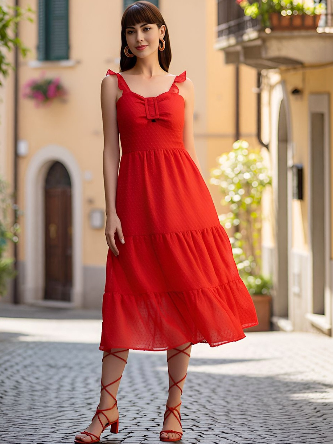 aayu Georgette Fit And Flare Tiered Midi Dress