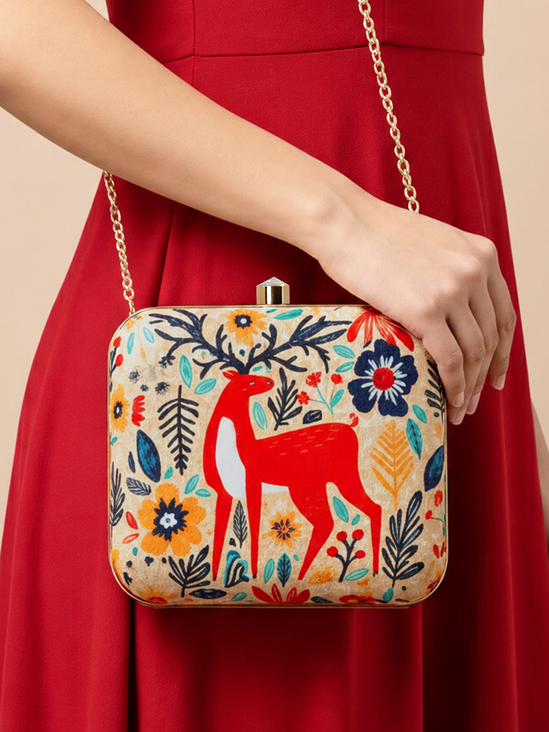 ARTKLIM Red & Blue Printed Box Clutch