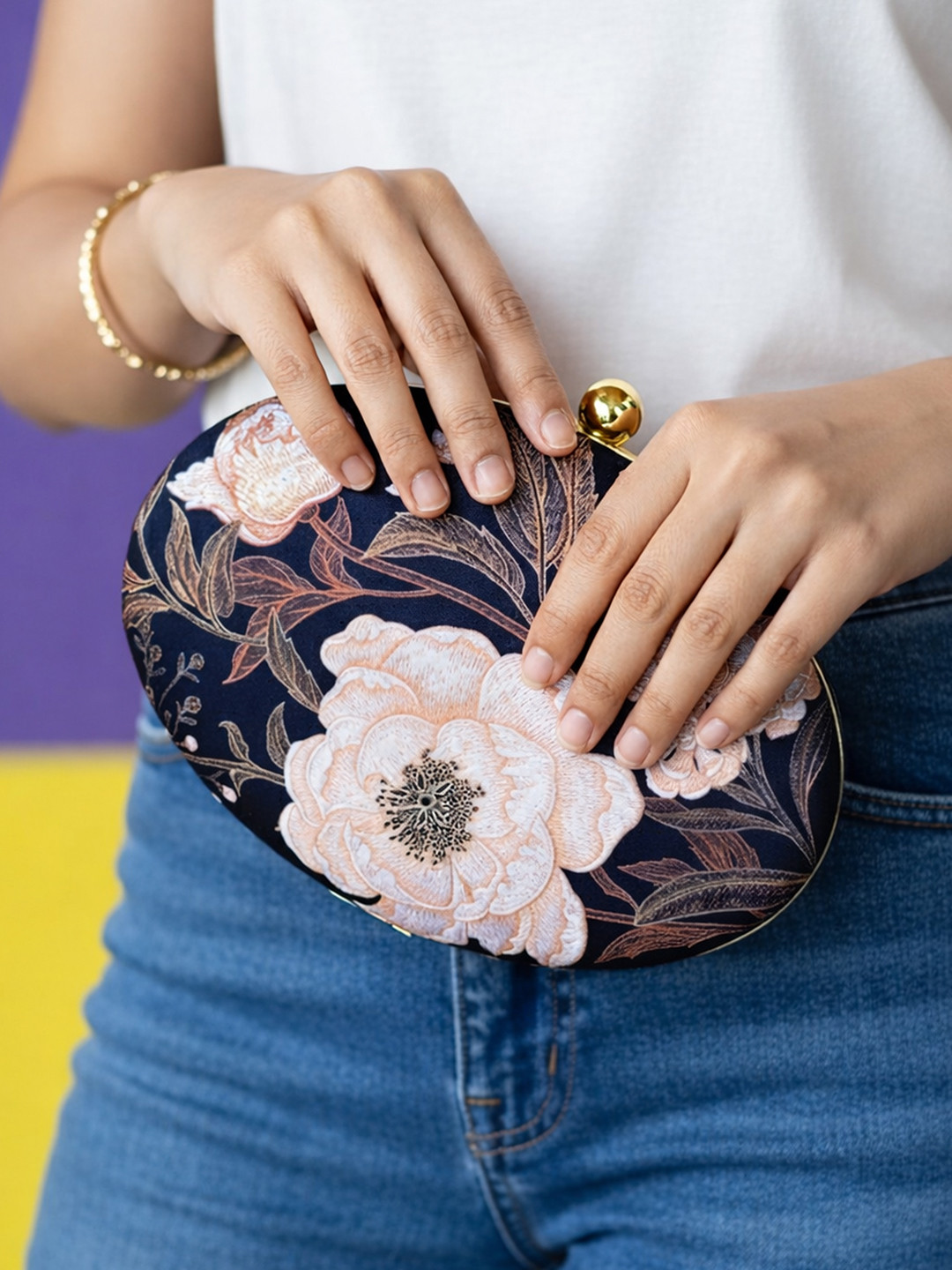 ARTKLIM Navy Blue & Brown Floral Printed Box Clutch