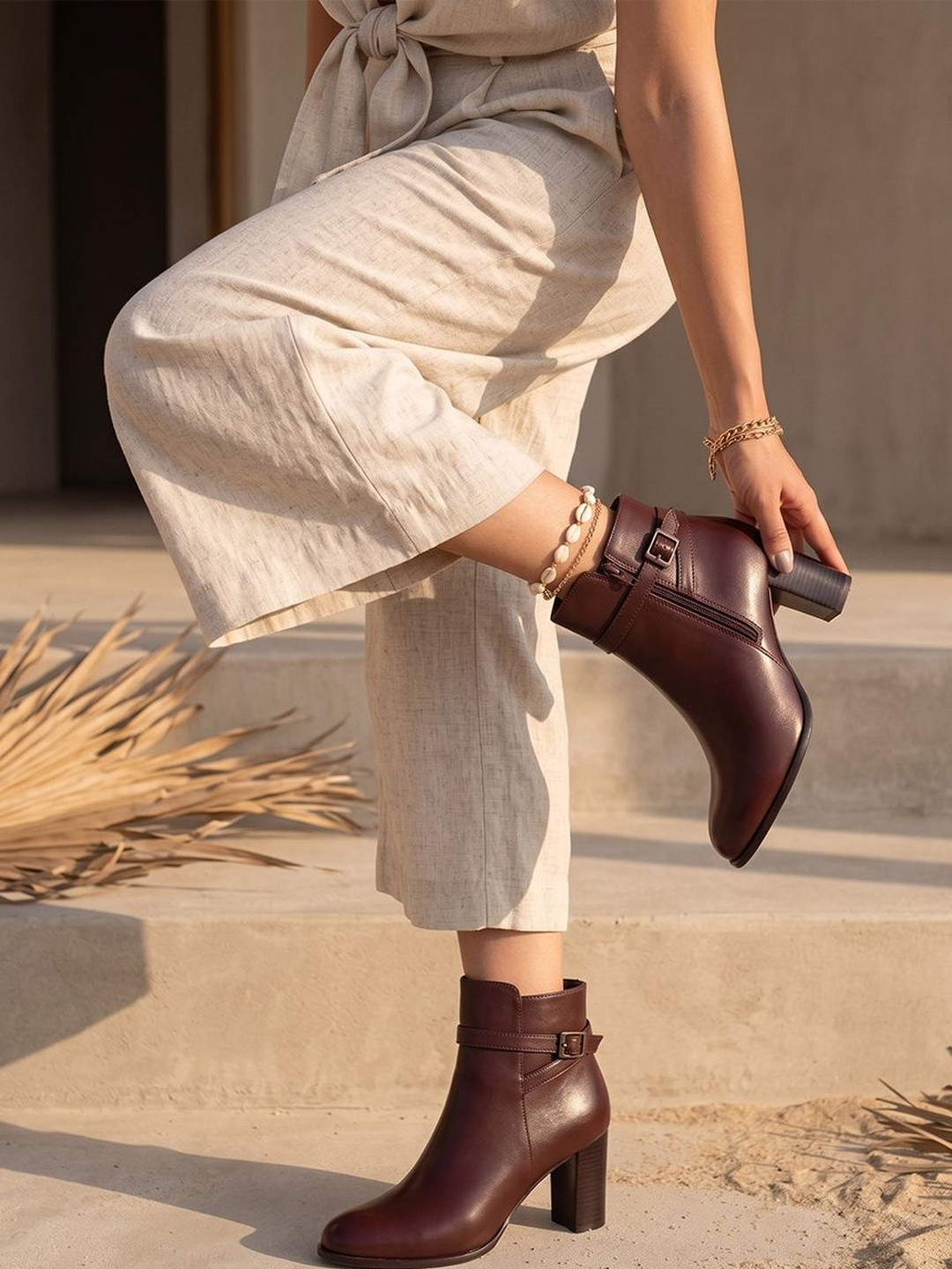 Monrow Brown PU Block Heeled Boots with Buckles