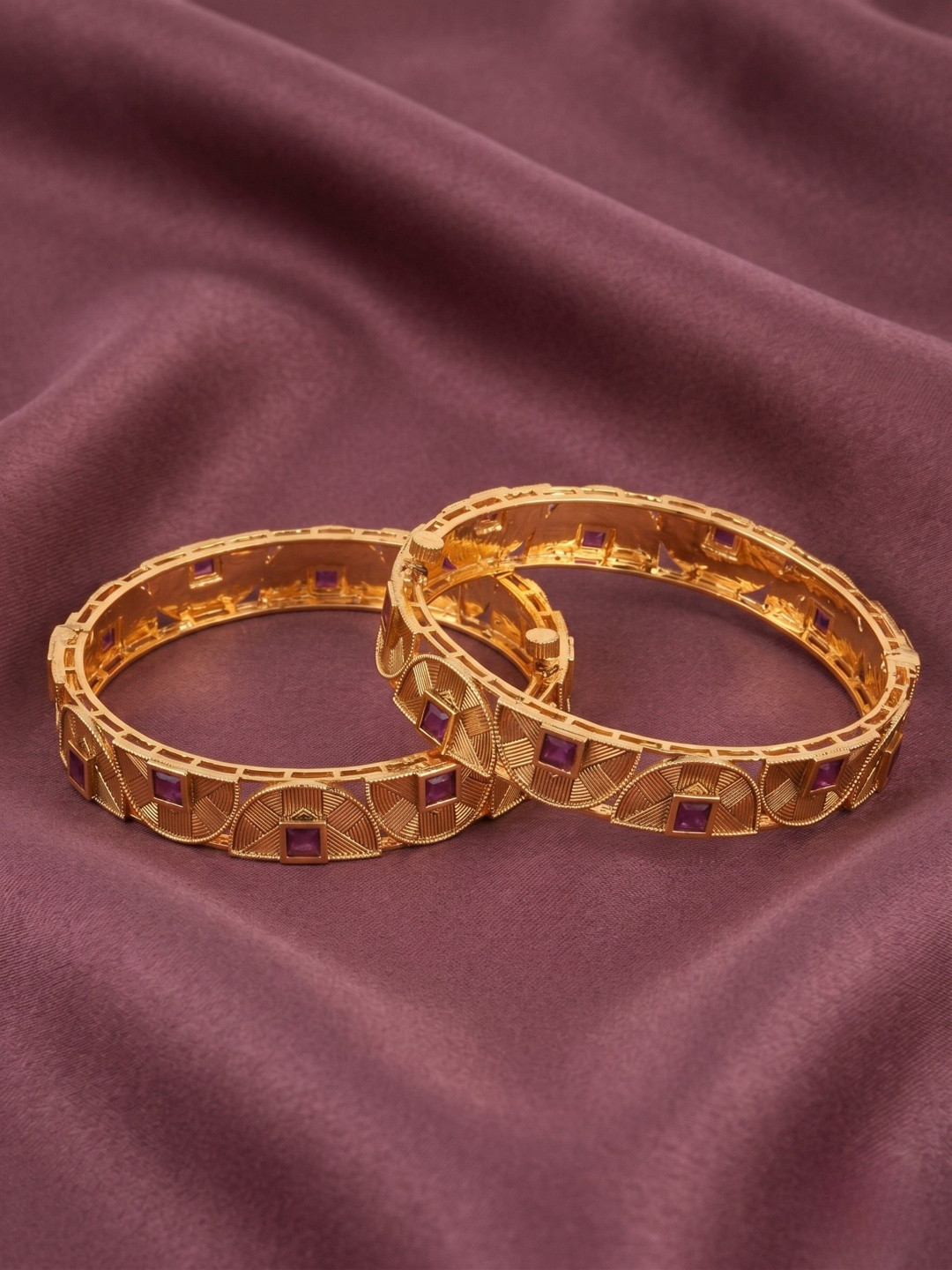 Adwitiya Collection Set Of 2 24CT Gold-Plated Pink Stone-Studded Bangles