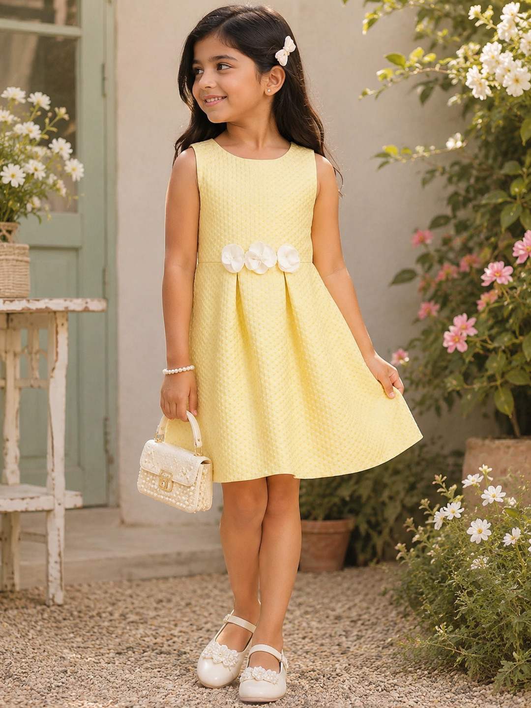 Miyo Girls Yellow & White Self Design Dress