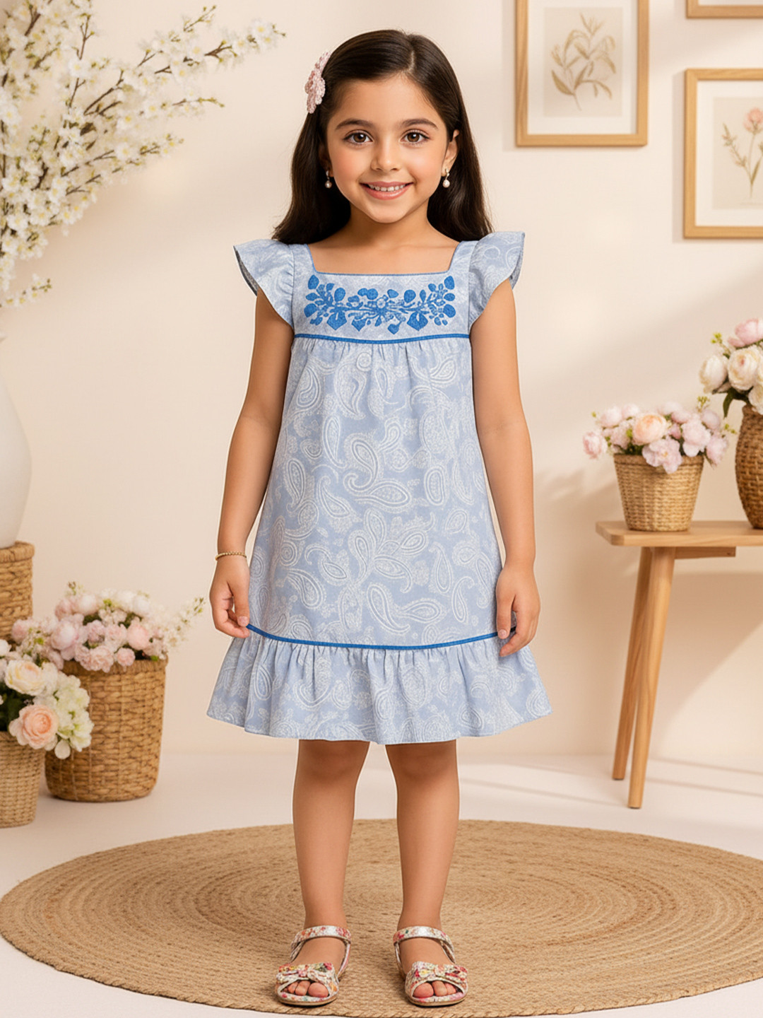 Miyo Girls Blue Printed A-Line Dress