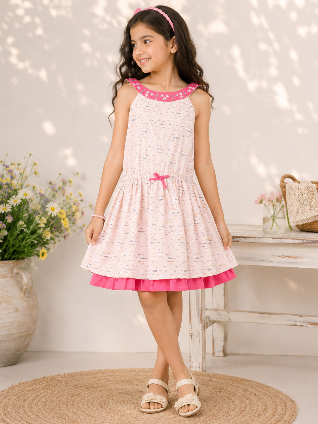 Miyo Girls Pink & White Printed Drop-Waist Dress