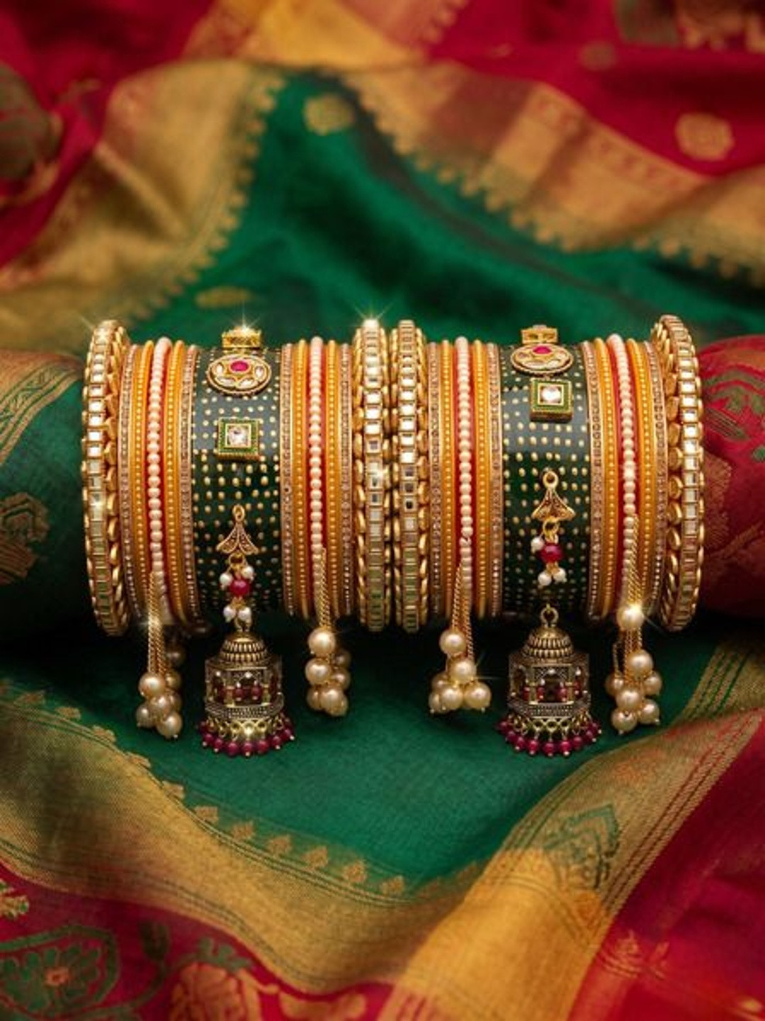 Adwitiya Collection Set Of 26 Gold-Plated White & Red Stone-Studded & Beaded Meenakari Bangles