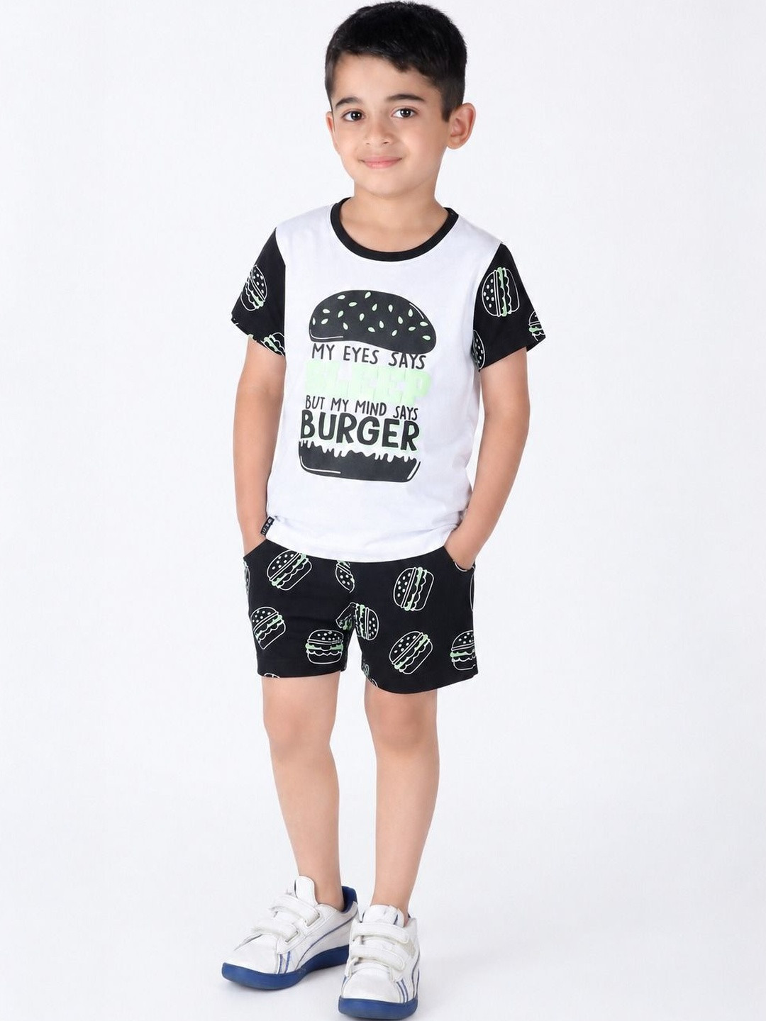 3PIN Boys White & Black Colourblocked T-shirt with Shorts