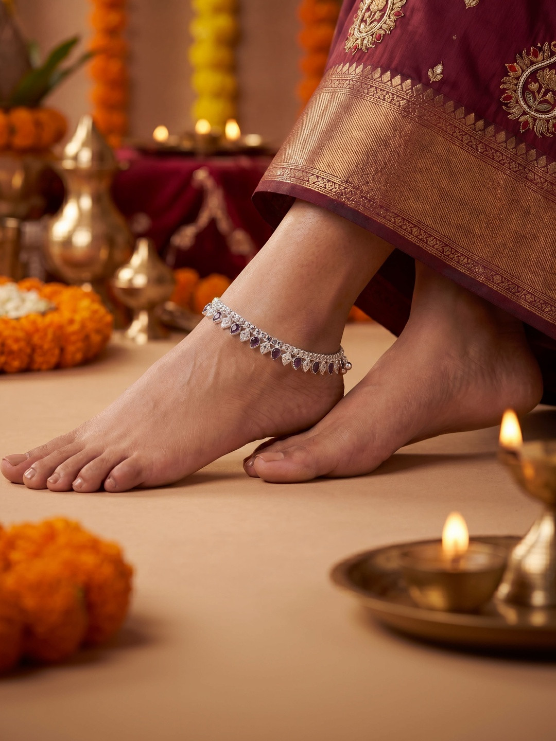 Jewar Mandi Silver-Plated CZ Stone Studded Anklets