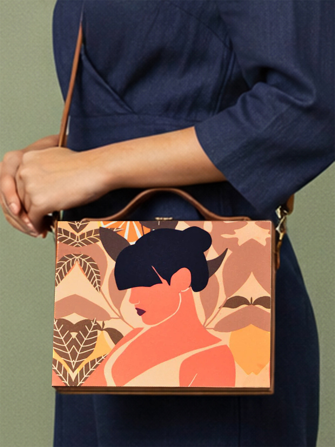 ARTKLIM Tan & Black Printed Box Clutch