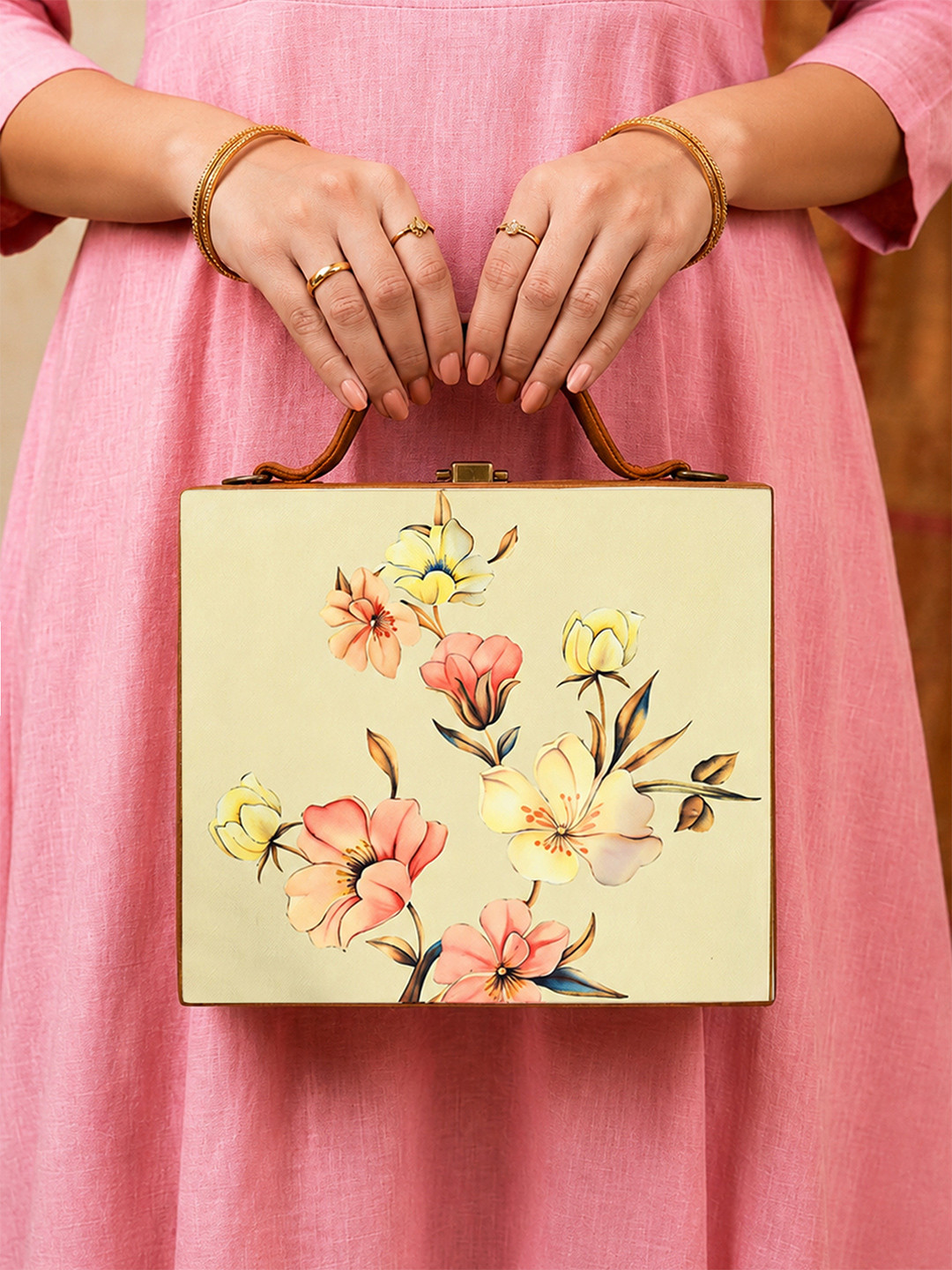 ARTKLIM Women Off White & Brown Printed Fabric Box Clutch