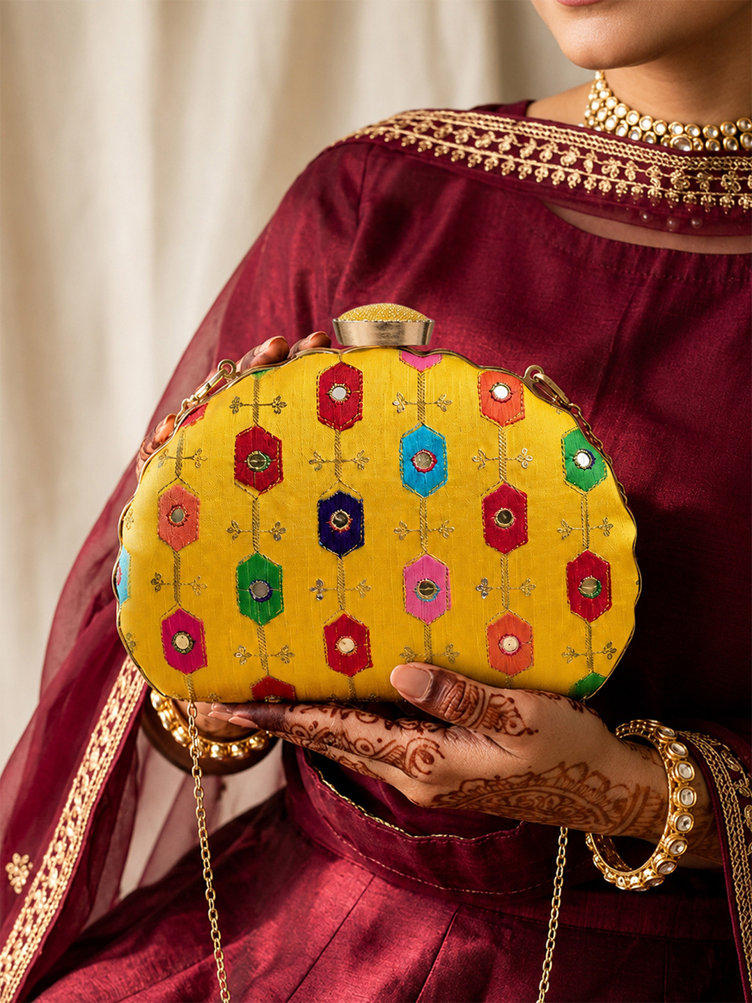 ARTKLIM Yellow & Green Embroidered Embellished Box Clutch