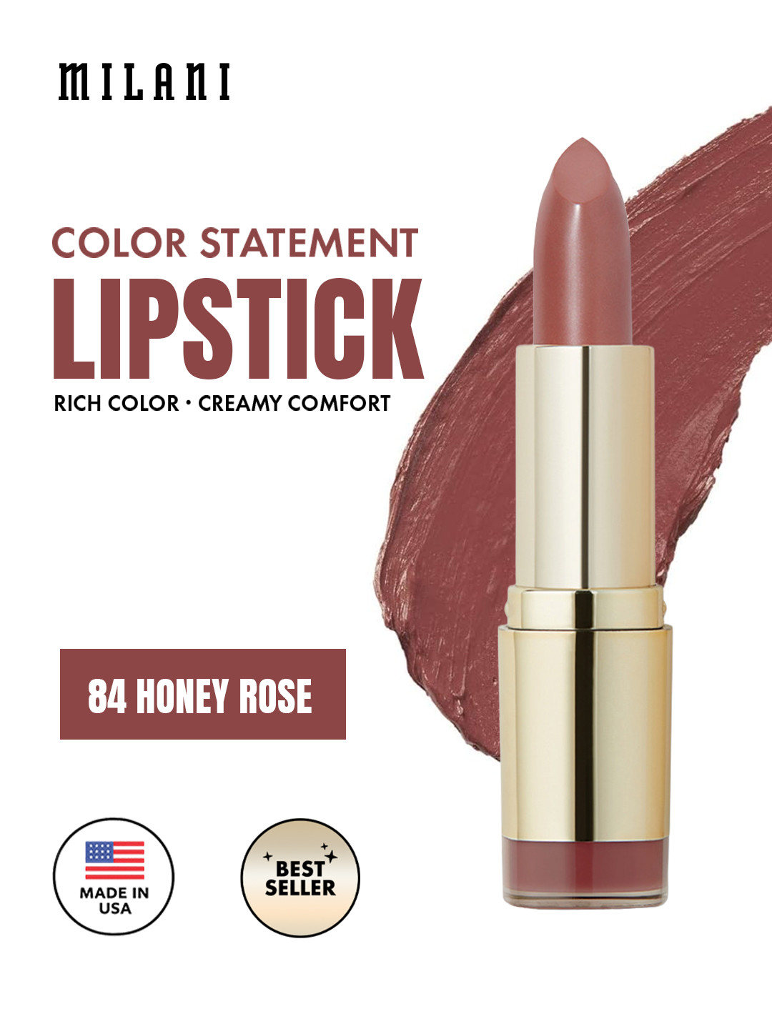 

MILANI Vegan Highly Pigmented Cruelty-Free Color Statement Matte Lipstick - Honey Rose 84, Brown