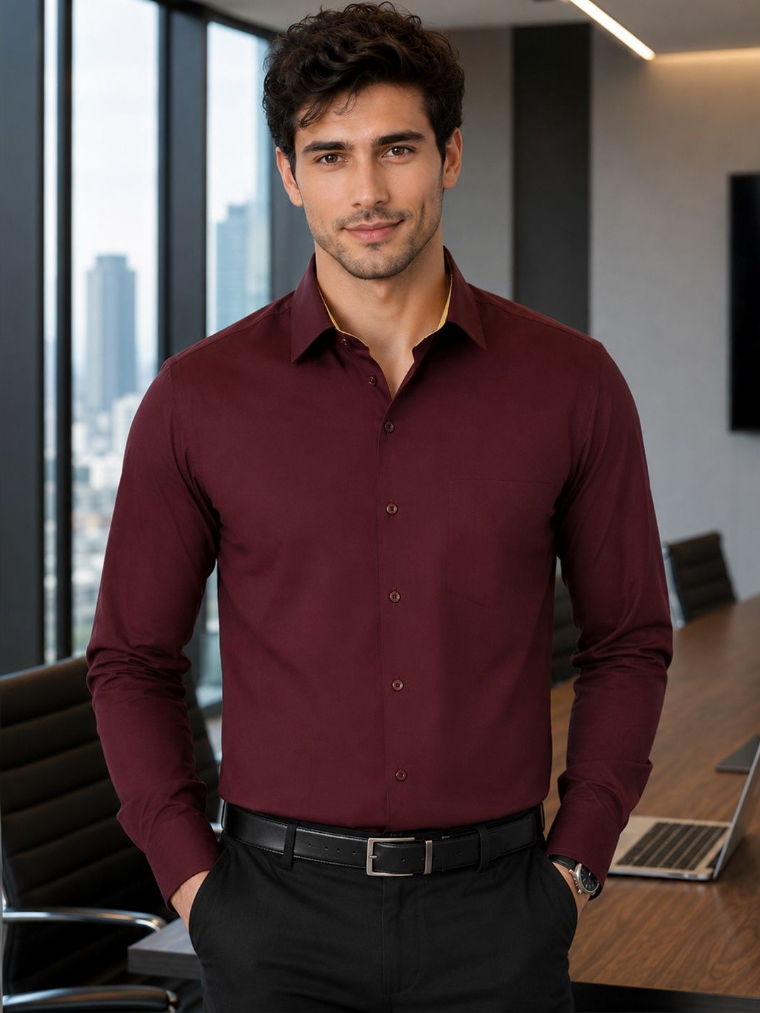 Hancock Men Maroon Slim Fit Solid Formal Shirt